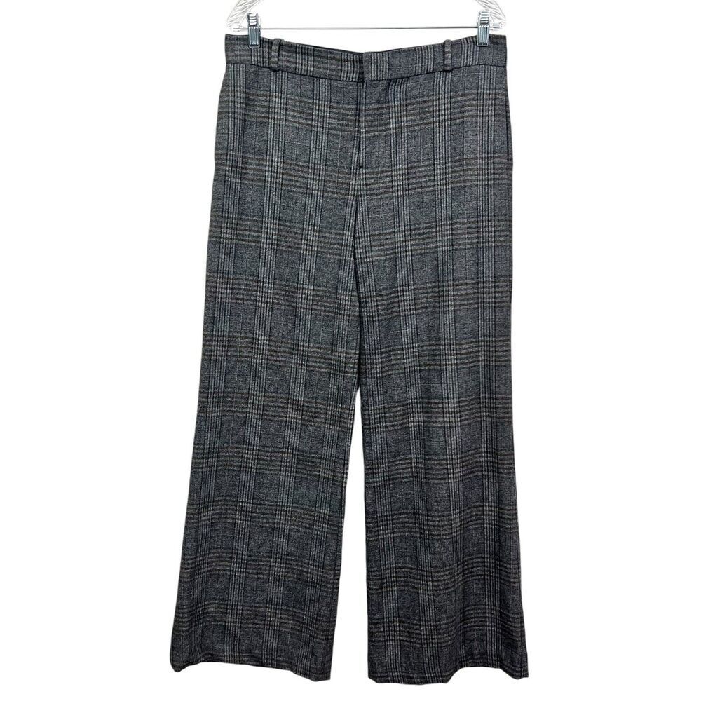 Zara Womens Plaid Pants Straight Leg  Flat Front Slash Pockets Gray Black Sz L*